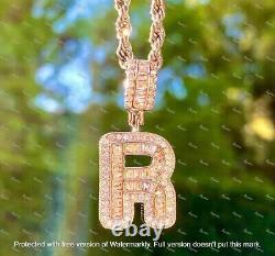 1.50Ct Baguette Cut Simulated Moissanite Letter R Pendant 14K White Gold Plated