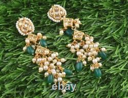 23k Gold Diamond Polki Beads Chand Bali Wedding Earrings Jewelry