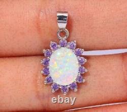 2CT Oval Fire Opal Amethyst Lab Created Pendant 18Free Chain 14K White Gold Over