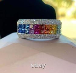 2CT Princess Cut Simulated Multi-Color Eternity Wedding Ring 14k White Gold Over