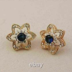 2CtRound Cut Simulated Blue Sapphire Flower Halo Earrings 14K Yellow Gold Plated