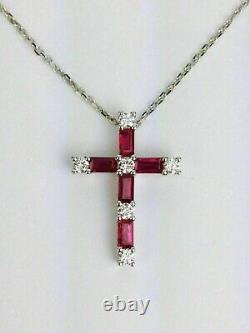 2Ct Baguette Cut Red Ruby Women's Cross Pendant With Chain 14k White Gold Finish