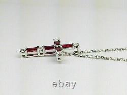 2Ct Baguette Cut Red Ruby Women's Cross Pendant With Chain 14k White Gold Finish
