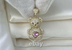 2Ct Heart Cut Lab Created Pink Sapphire Teddy Pendant Chain 14k Yellow Gold FN