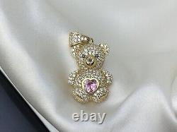2Ct Heart Cut Lab Created Pink Sapphire Teddy Pendant Chain 14k Yellow Gold FN