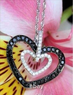 2Ct Round Cut Simulated Black Diamond Double Heart Pendant 14K White Gold Plated