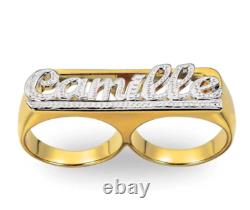 2Ct Round Cut Simulated Diamond Custom Two Finger Name Ring 14k Yellow Gold Over