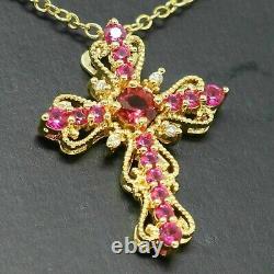2Ct Round Cut Simulated Red Garnet Cross Pendant 14K Yellow Gold Plated Silver