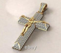 2Ct Round Simulated Diamond Jesus Cross Pendant Real 925 Yellow Sterling Silver