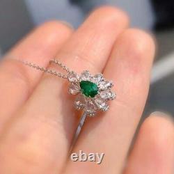 2.00Ct Pear Cut Simulated Green Emerald Halo Pendant 14K White Gold Plated
