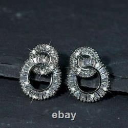 2.00 CT Round & Baguette simulated Diamond Earrings 14K White Gold Finish