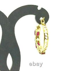 2.00 Ct Created Ruby Hoop Earrings with Diamonds in 14K Yellow Gold Over Brass
