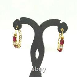 2.00 Ct Created Ruby Hoop Earrings with Diamonds in 14K Yellow Gold Over Brass