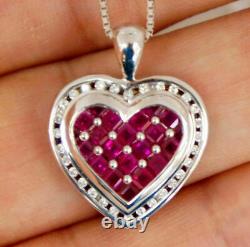 2.20Ct Princess Lab Created Red Ruby Heart Pendant 14K White Gold Silver Plated