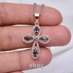 2.25Ct Oval Cut Simulated Blue Topaz Cross Pendant Chain In 14k Rose Gold Plated
