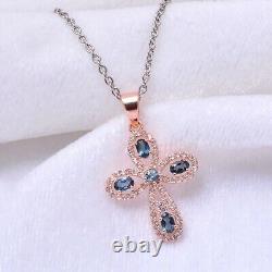 2.25Ct Oval Cut Simulated Blue Topaz Cross Pendant Chain In 14k Rose Gold Plated