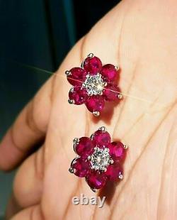 2.30Ct Round Simulated Red Ruby Flower Shape Stud Earrings 14K White Gold Plated