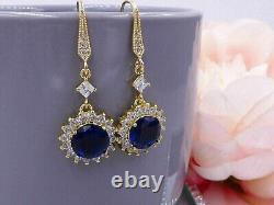 2.30 Ct Round Cut Simulated Sapphire Drop/Dangle Earrings 14K Yellow Gold Plated