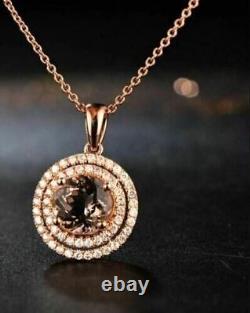 2.40Ct Round Cut Simulated Morganite Halo Pendant14K Rose Gold Plated Free Chain