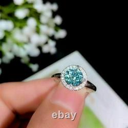 2.50CT Round Cut Blue Diamond Halo Engagement Wedding Ring 14K White Gold Finish