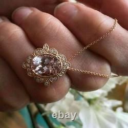 2.50Ct Oval Cut Simulated Morganite Halo Pendant Free Chain 14K Rose Gold Plated