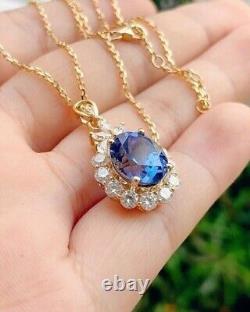 2.50 Ct Oval Cut Simulated Sapphire Halo Pendant 14K Yellow Gold Plated 18Chain