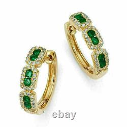 2.50 Ct Round Cut Emerald & Diamond Huggie Hoop Earrings 14k Yellow Gold Finish