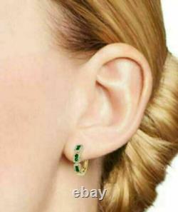 2.50 Ct Round Cut Emerald & Diamond Huggie Hoop Earrings 14k Yellow Gold Finish