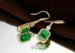 2.50 Ct Simulated Emerald & Diamond Halo Dangle Earrings 14K Yellow Gold Finish