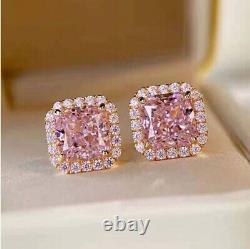 2 Ct Cushion Lab Created Pink Sapphire Halo Stud Earrings 14K Yellow Gold Finish