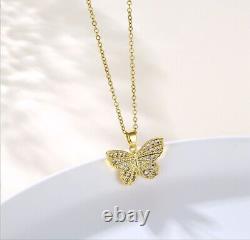 2 Ct Round Cut Lab Created Butterfly Pendant With Chain 14k Yellow Gold Finish
