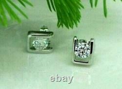 2 Ct Round Cut Real Moissanite Stud Earrings 14k White Gold Silver Plated