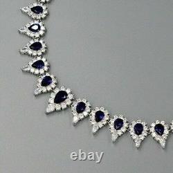30Ct Pear Cut Simulated Sapphire White 925 Silver White Gold Plated Necklace 18
