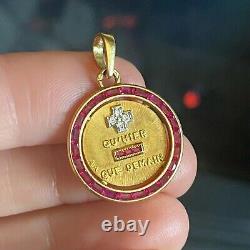 3Ct Baguette Lab Created Ruby Border Augis Medal Pendant 14K Yellow Gold Plated