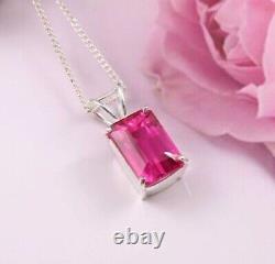 3Ct Emerald Cut Lab Created Pink Sapphire Women's Pendant 14K White Gold Plated
