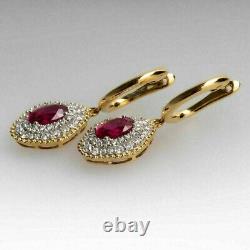 3Ct OvalCut Lab Created Pink Sapphire DropDangle Earrings 14K Yellow Gold Plated