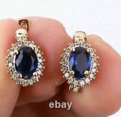 3Ct Oval Cut Blue Simulated Sapphire Halo Earrings 14k Yellow Gold Plated