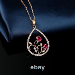 3Ct Oval Cut Simulated Red Ruby Halo Pendant 14K Rose Gold Over Chain
