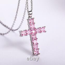 3Ct Princess Cut Simulated Pink Sapphire Cross Pendent in 14k White Gold Plated