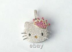 3Ct Round Cut Simulated Diamond Crown Kitty Pendant 14K White Gold Plated Silver