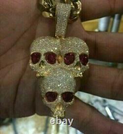 3Ct Round Ruby/Cubic Zircon Three Skull Head Pendant 925 Yellow Sterling Silver