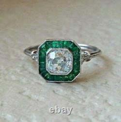 3.00Ct Round Cut Simulated Diamond Green Emerald Halo Ring 14k White Gold Finish