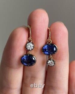 3.10 Ct Oval Cut Simulated Sapphire Drop/Dangle Earrings 14K Yellow Gold Plated