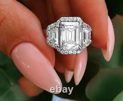3.25CT Moissanite Emerald Cut Three Stone Engagement Ring 14K White Gold Plated