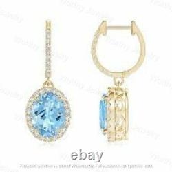 3.30Ct Oval Lab Created Aquamarine Dangle Earrings 14K Yellow Gold Silver Plated