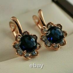 3.50 Ct Round Cut Blue Sapphire Flower Huggie Hoop Earrings 14k Rose Gold Finish