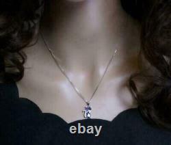 3 Ct Purple Amethyst Cat Necklace Pendant 14K White Gold Finish With Free Chain