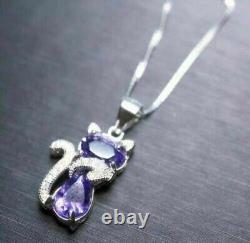 3 Ct Purple Amethyst Cat Necklace Pendant 14K White Gold Finish With Free Chain