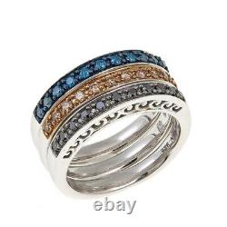 3pc. 49ctw Black, Blue & Champagne Diamond Sterling Silver Band Rings, Size 6