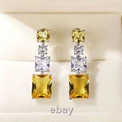4Ct Emerald Cut Lab-Created Citrine Dangle Earrings 14k White Gold Plated Silver